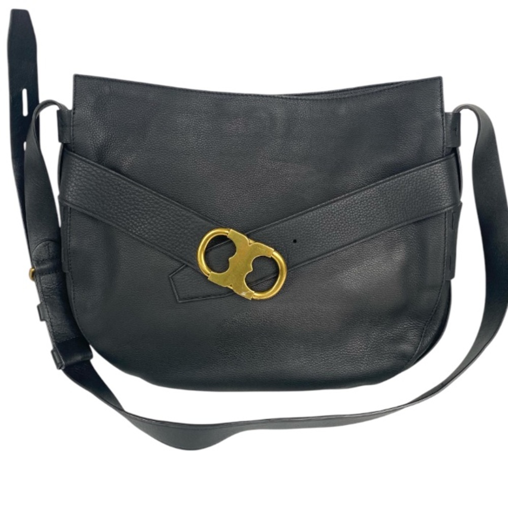 Tory Burch Gemini Belted Shoulder Bag Black Pebbled Leather Minimalist